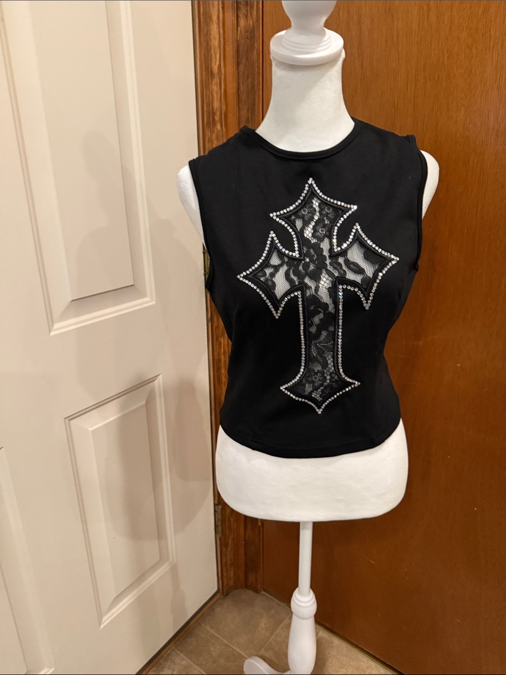 Fashion Nova Black Sleeveless Lace Cross Tank